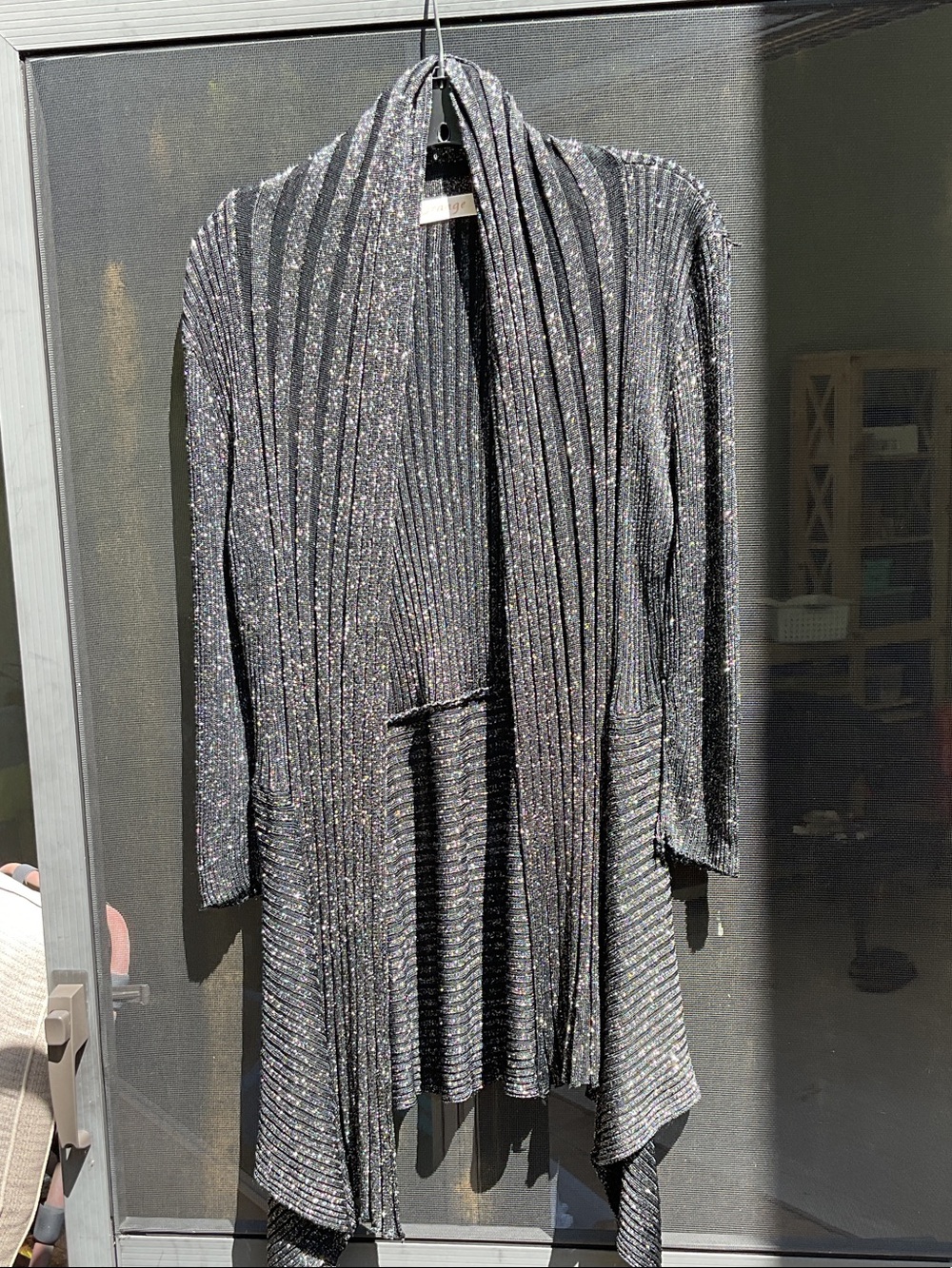 Metallic Black Ribbed Open-Front Women's Sweater Cardigan